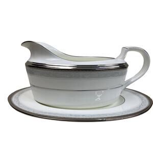 Noritake Manderleigh Gray & Silver Bone China Gravy Boat With Platter